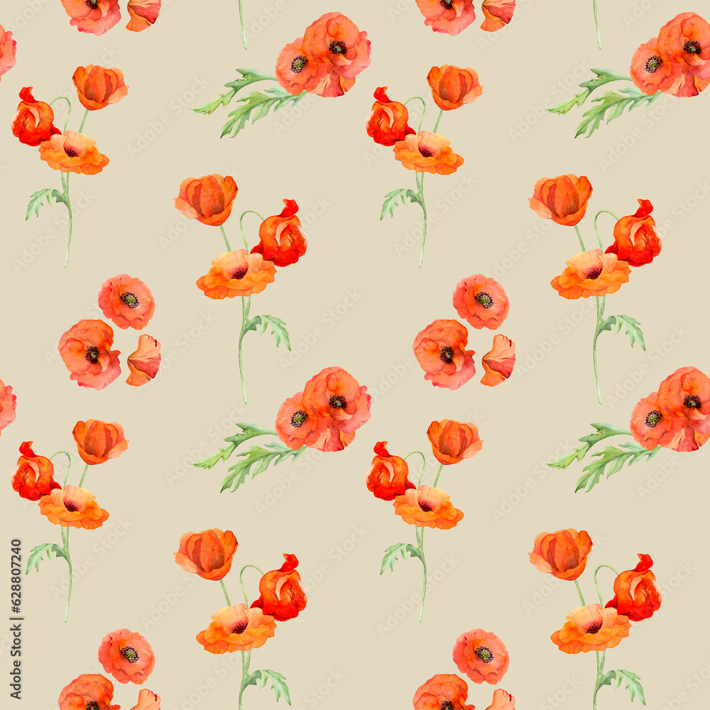 Watercolor seamless pattern with hand drawn summer bright red poppy flowers. Isolated on color background. Design for invitations, wedding, love or greeting cards, paper, print, textile Watercolor seamless pattern with hand drawn summer bright red poppy flowers. Isolated on color background. Design for invitations, wedding, love or greeting cards, paper, print, textile