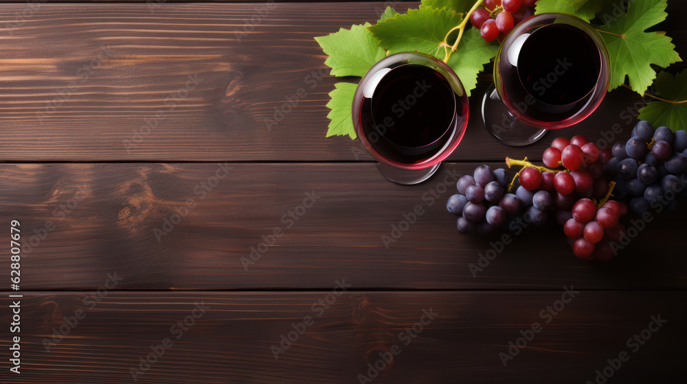 Grape over a dark wooden table and two glass with red wine. Grape over a dark wooden table and two glass with red wine.