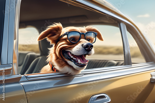 a smiling dog in a running car blowing in the wind through the window © 명훈 김