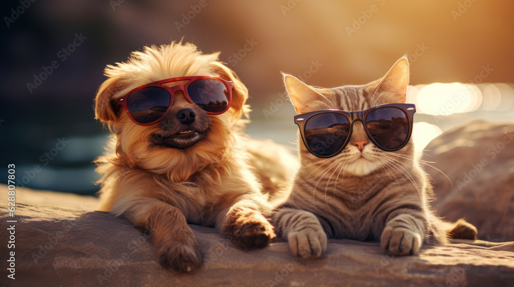 Cat and dog on a sunny beach wearing sunglasses Cat and dog on a sunny beach wearing sunglasses