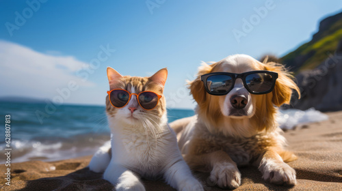 Cat and dog on a sunny beach wearing sunglasses