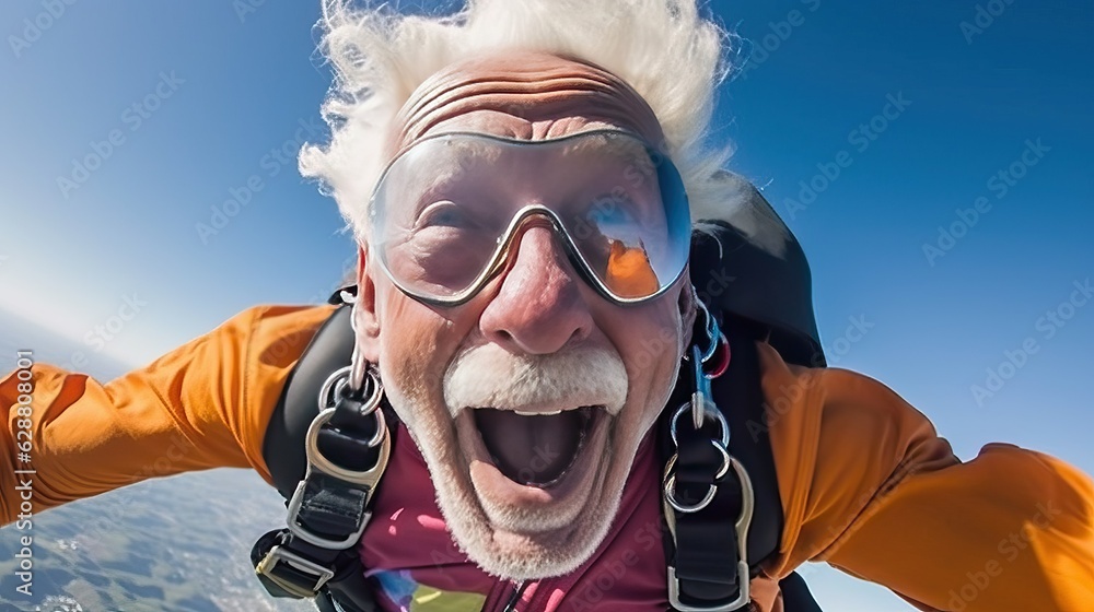 Elder man skydiving, extreme activity Elder man skydiving, extreme activity