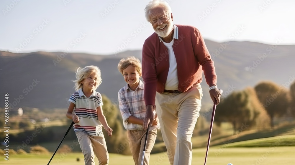 Man in 70s play golf with grandchild - obrazy, fototapety, plakaty 