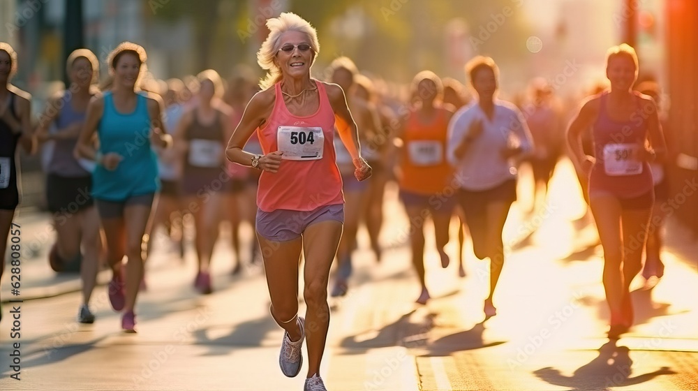 Fototapeta premium Woman in her 60s running a marathon, elder sport runner