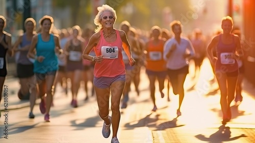 Woman in her 60s running a marathon, elder sport runner
