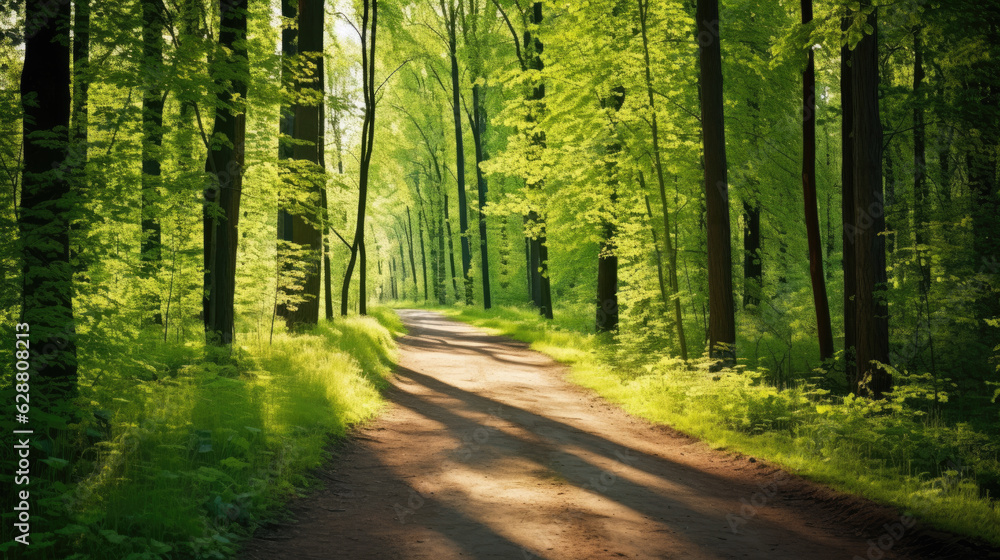 Path in the forest among green trees in summer sunny weather. Generative ai Path in the forest among green trees in summer sunny weather. Generative ai