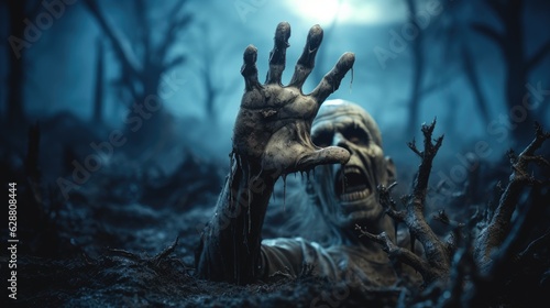 Zombie hand rising from a graveyard on a spooky Halloween night