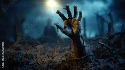 Foto Zombie hand rising from a graveyard on a spooky Halloween night