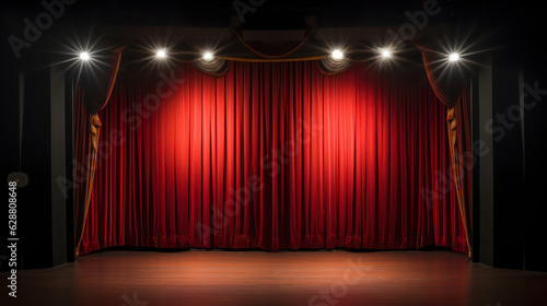 Simple stage with lighting, red curtains, spotlights 