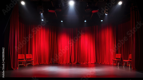 Simple stage with lighting, red curtains, spotlights 