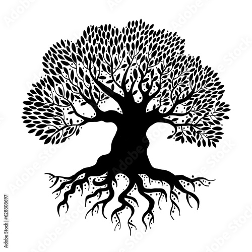 Old big family tree with roots isolated on white. Concept Art for your design. Design interior ideas.