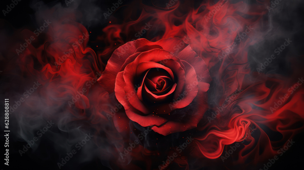 Red rose wrapped in smoke swirl on black background  - obrazy, fototapety, plakaty 
