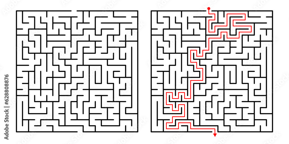 Vector Square Maze. Labyrinth with Included Solution in Black Red. Funny Educational Mind Game Vector Square Maze. Labyrinth with Included Solution in Black Red. Funny Educational Mind Game