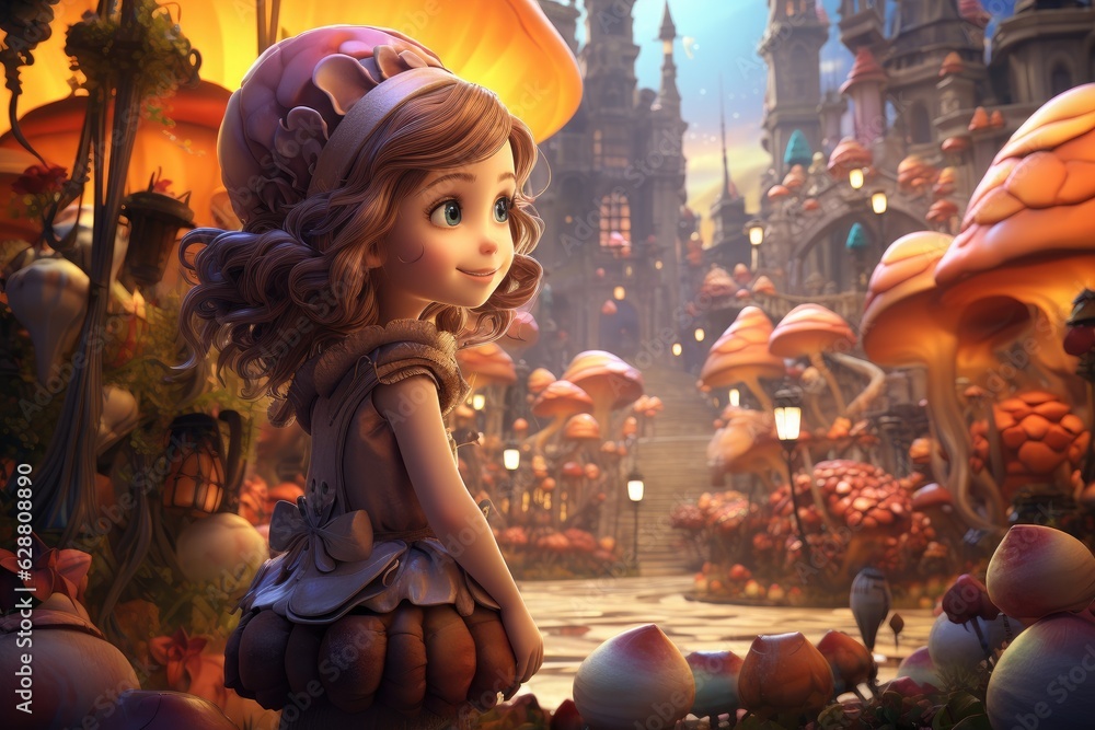 Naklejka premium Cartoon child and the magical city with full of mushrooms in fairy tale