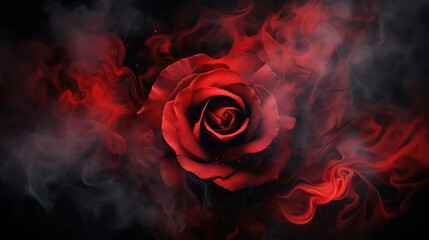 Red rose wrapped in smoke swirl on black background 