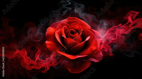 Red rose wrapped in smoke swirl on black background 