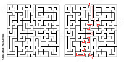 Vector Square Maze. Labyrinth with Included Solution in Black  Red. Funny  Educational Mind Game 
