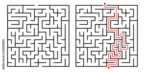 Vector Square Maze. Labyrinth with Included Solution in Black  Red. Funny  Educational Mind Game 