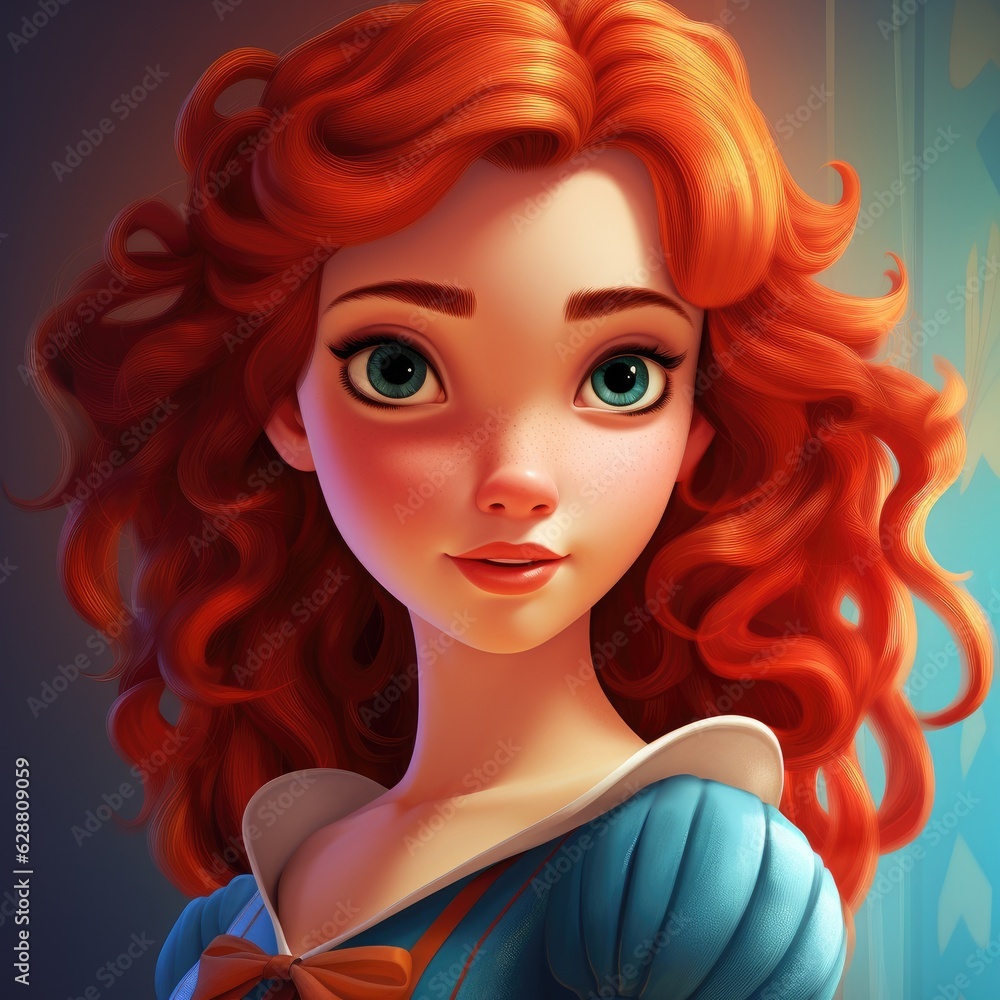 Fototapeta premium Portrait of a cartoon princess with red hair in fairy tale
