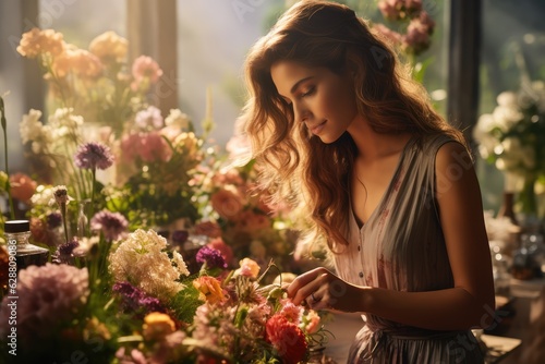 Woman smelling a bouquet of flowers © Arthur