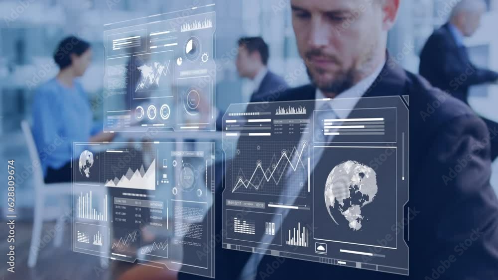 Animation of graphs, globes, map, loading bars and circles, caucasian man using digital tablet Animation of graphs, globes, map, loading bars and circles, caucasian man using digital tablet