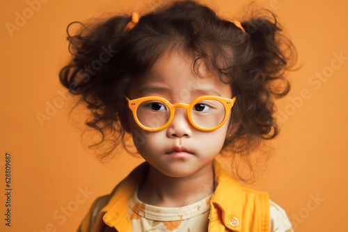 Preschool asian girl in glasses in trendy outfit. Kid's fashion concept
