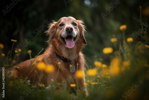 portrait of a happy dog in on a fair weather afternoon in a beautiful field with sunlight