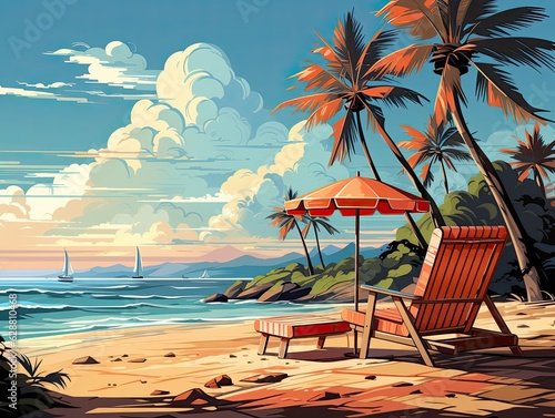 Lounge chairs under umbrellas from the sun on a tropical beach. Flat illustration. . Generated by AI.