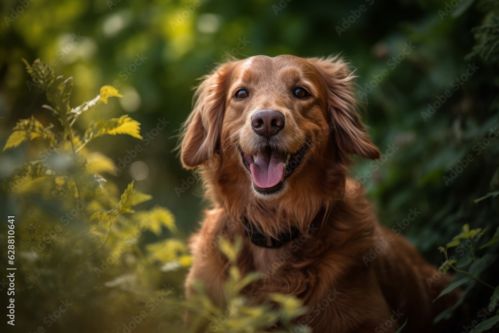 portrait of a happy dog in on a fair weather afternoon in a beautiful field with sunlight