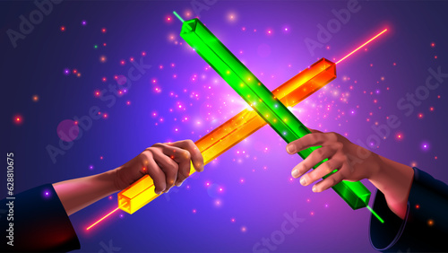 Stock traders bears and bulls are fighting to profit at securities trading exchange. Bears vs bulls. Fight of bears with bulls on swords in form of Japanese candles. Stock exchange trading strategies.