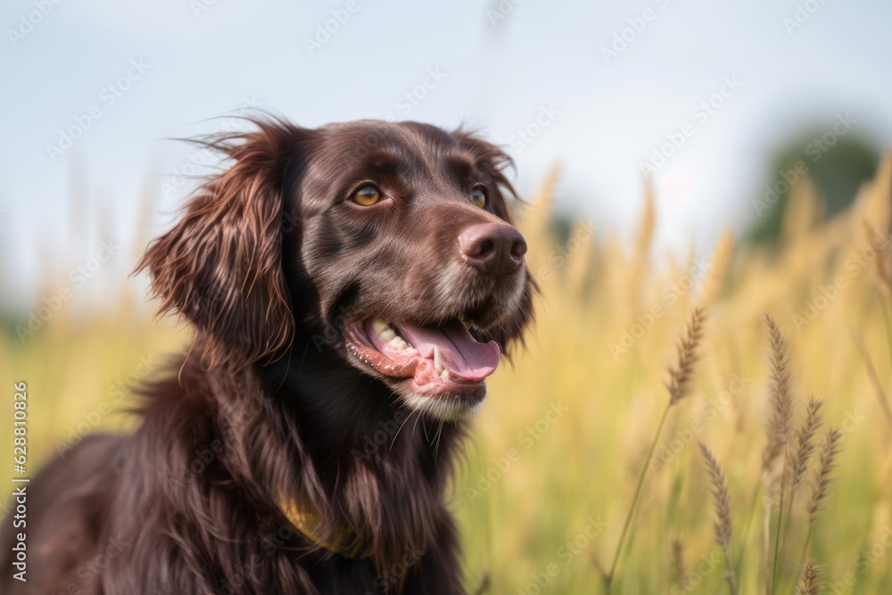 portrait of a happy dog in on a fair weather afternoon in a beautiful field with sunlight