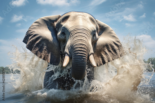 Low angle shot of big elephant walking among splashing water in lake created against cloudy sky. Generative ai