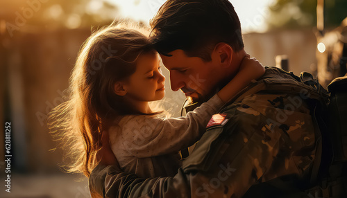 Patriotic soldier emotional soldier with daughter in the war.