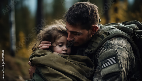 Patriotic soldier emotional soldier with daughter in the war.