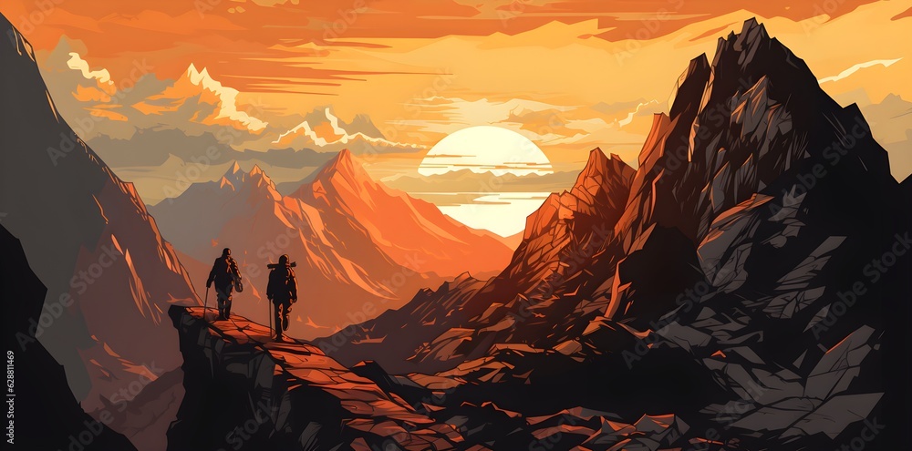 People hiking in beautiful mountain landscape at sunset.Poster art, fictional landscapes  created  with Generative AI technology