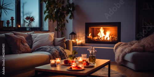 cozy room with sofa ,candle light and kamin on front evening windows ,urban city life modern design photo