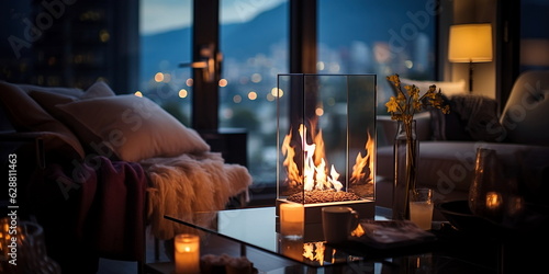 cozy room with sofa ,candle light and kamin on front evening windows ,urban city life modern design photo