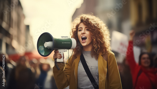Young woman outdoors with a group of demonstrators in the background protesting with a megaphone in the street