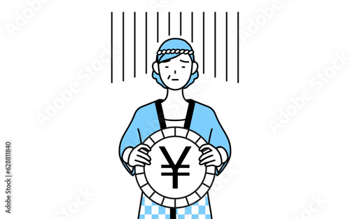 為替差損や円安のイメージ、夏祭りの法被を着たシニア女性