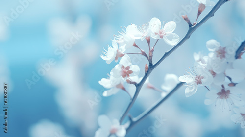In soft pastel colors, white daisy on tree branch and light blue background. Generative ai