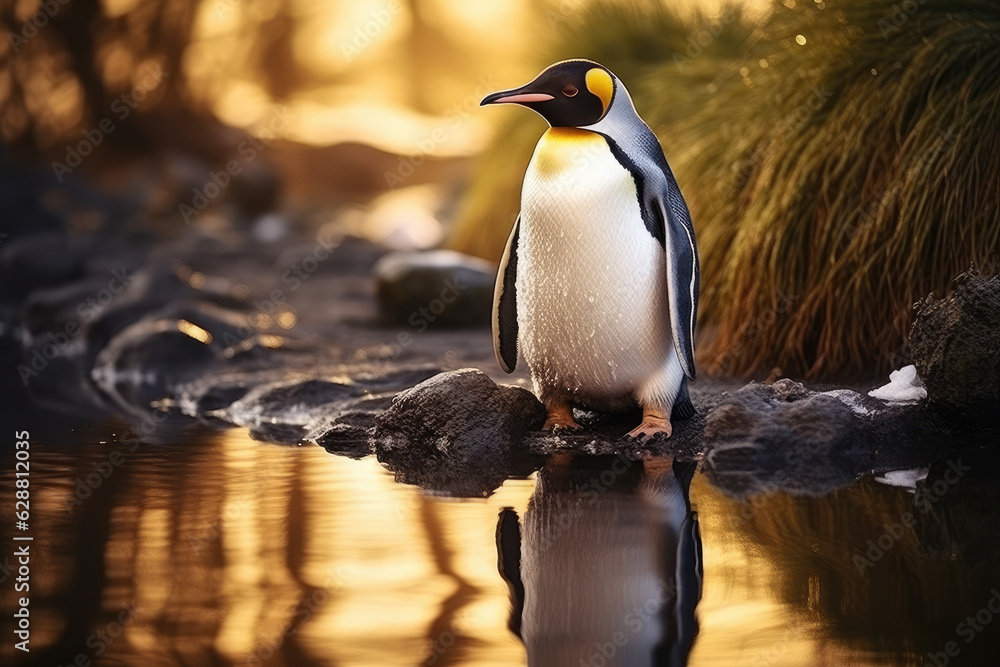 Fototapeta premium Image of Penguin standing on stone in forest water in brown tones. Generative ai