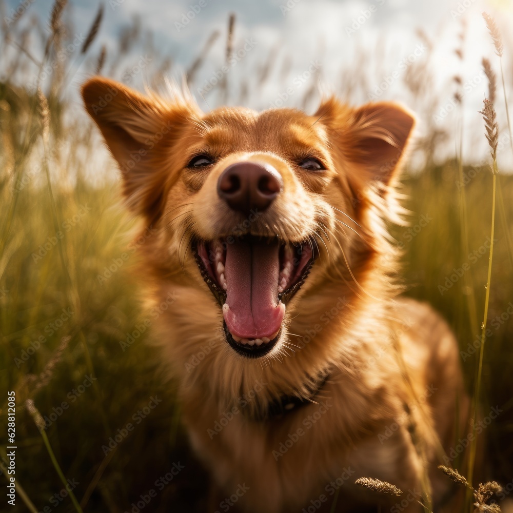 portrait of a happy summer dog outdoors in a field landscape
