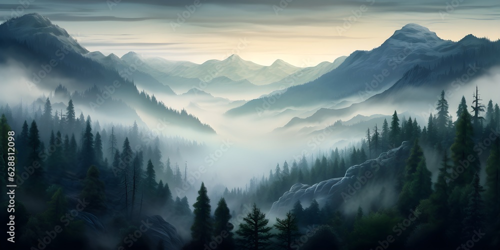 Photo realistic illustration of mountains forest fog morning mystic created with Generative AI technology Photo realistic illustration of mountains forest fog morning mystic created with Generative AI technology