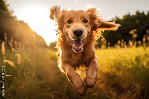 portrait of a happy summer dog outdoors in a field landscape