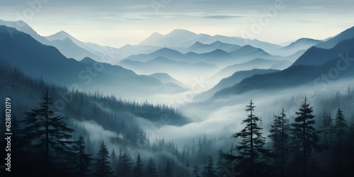 Photo realistic illustration of mountains forest fog morning mystic created with Generative AI technology