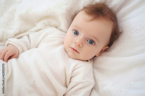  Sweet newborn baby lying on bed on white blanket