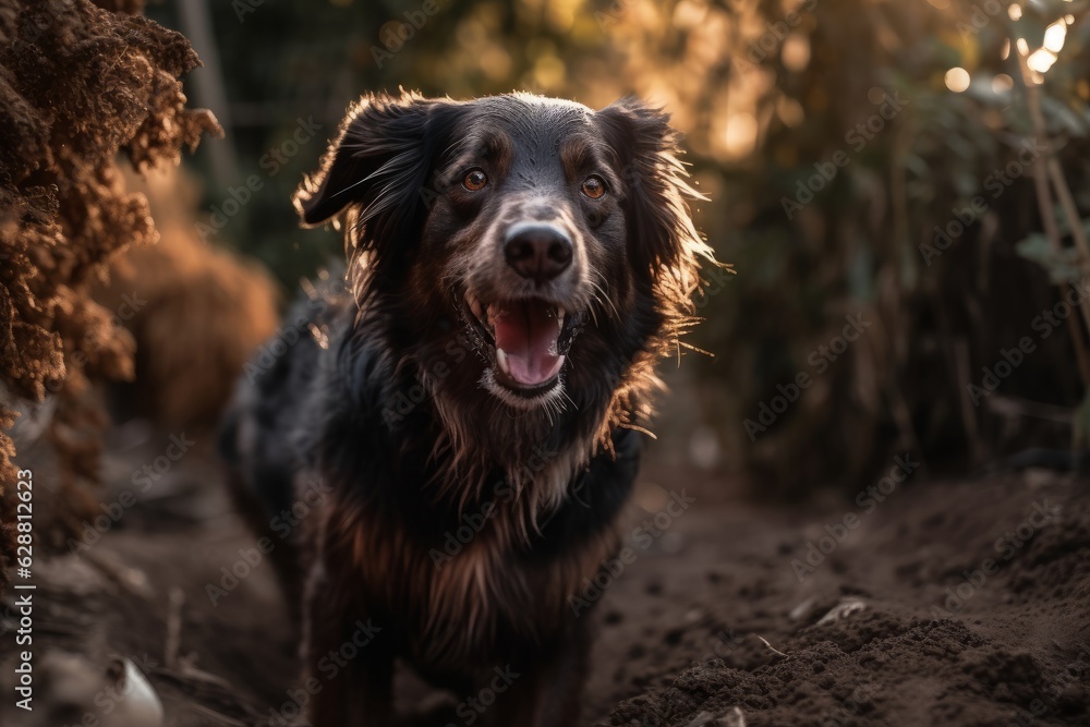 Fototapeta premium outdoor portrait of a happy dog in a suburban summer neighborhood yard