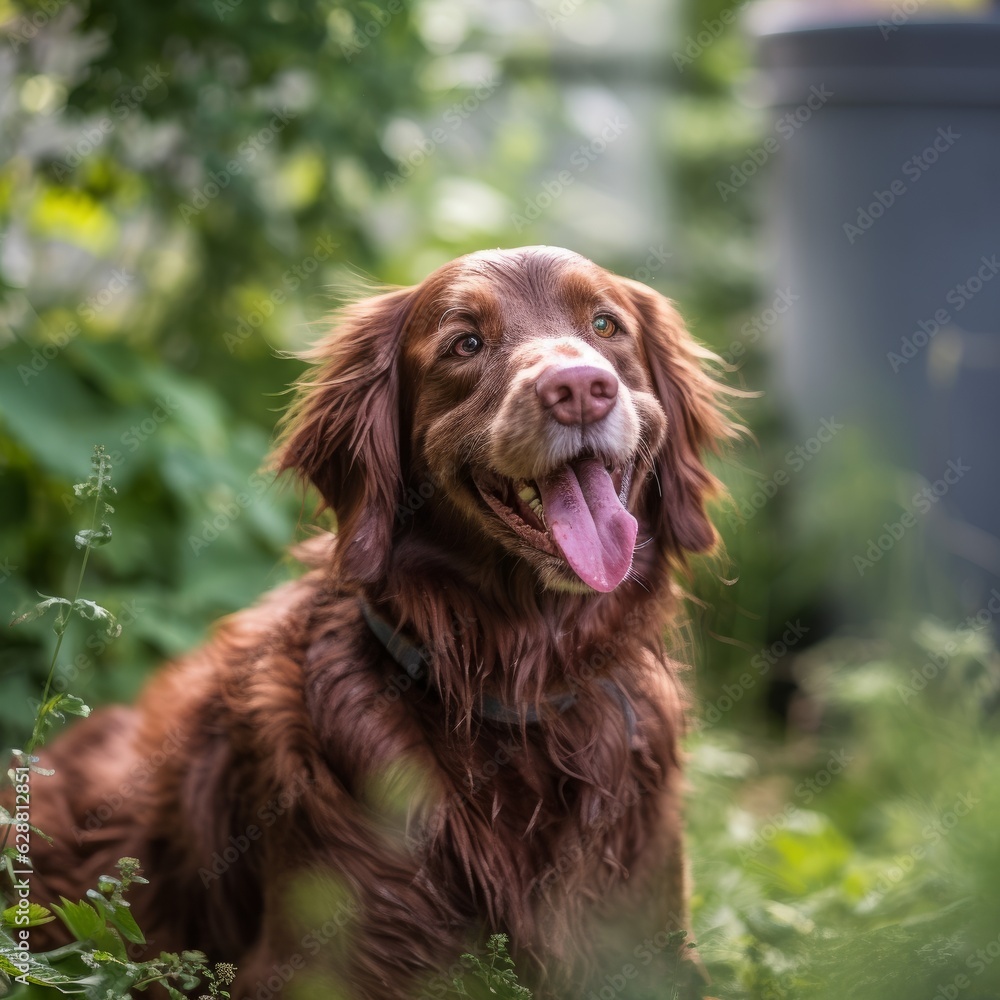 outdoor portrait of a happy dog in a suburban summer neighborhood yard