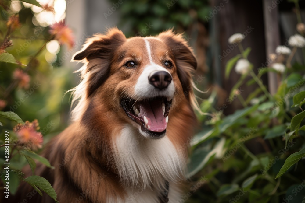 outdoor portrait of a happy dog in a suburban summer neighborhood yard outdoor portrait of a happy dog in a suburban summer neighborhood yard
