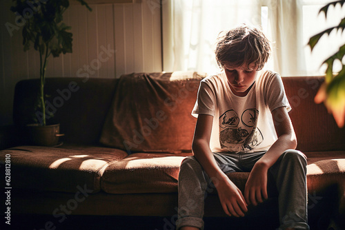  Sad boy sitting indoors photo
